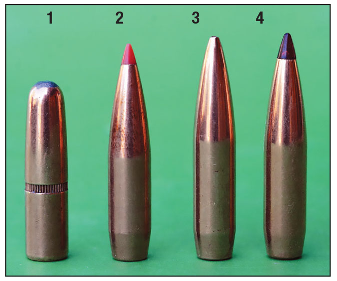 Jacketed bullet tip technology has changed. These .30 caliber bullets include: (1) Hornady 220-grain roundnose with lead tip, (2) Hornady 208-grain A-MAX with polymer tip, (3) Hornady 225-grain BTHP and (4) Hornady 212-grain ELD-X with Heat Shield Tip.
